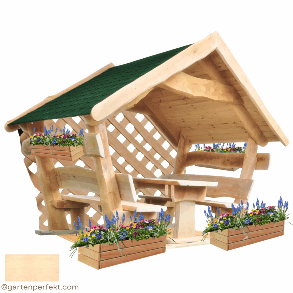 Gartenlaube MINI Vollausstattung - überdachte Sitzgruppe mit Zubehör von Garten Perfekt