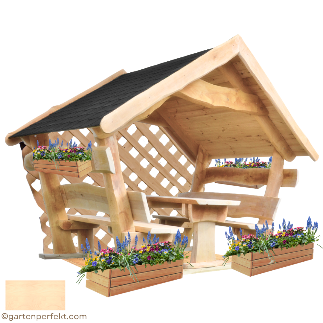 Gartenlaube COMFORT Vollausstattung – überdachte Gartenlaube komplett ausgestattet